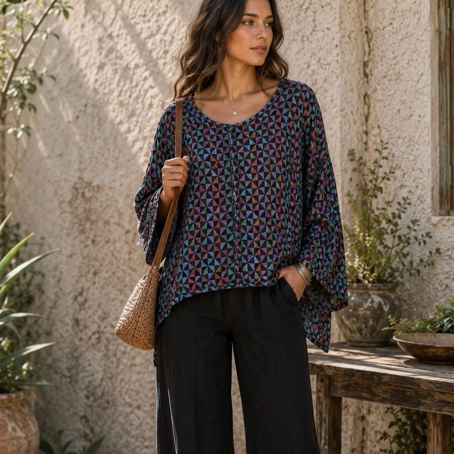 Flax 100% Linen Boho Geometric Bell Sleeve Top Large Lagenlook